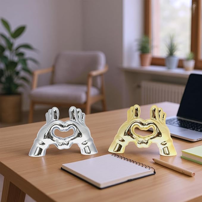 Zerzsy Heart Hands Sculpture Figurine Decor, 2 PCS Small Statue Shelf Decorative for Living Room Coffee Table, Loving Finger Statues Valentines Day Decorations Home Decor-Gold & Silver