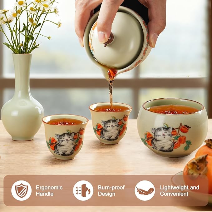Mini Tea Cups,Cute Lucky Cat Cups,Small Tea Mugs,Porcelain Gongfu Tea set with 3 in 1,Tea Sets for Adults,Ceramic Tea Infuser Cup for Loose Leaf for Women/Tea Lovers/Birthday/Easter's Day (Green)
