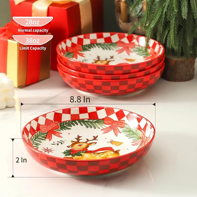 HASENSE Pasta Bowls Set of 4, 38 Ounce Ceramic Salad Serving Bowl for Kitchen,8.8 Inch Large Shallow Bowls for Pasta Soup Salad Dinners,Christmas Holiday Gatherings,Dishwasher & Microwave Safe