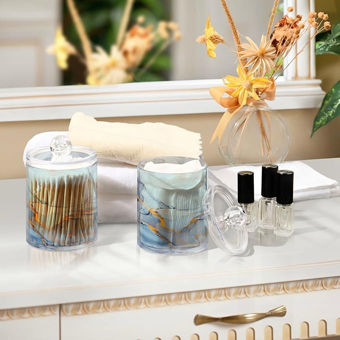 MNSRUU 2 Pack Qtip Holder Organizer Dispenser Teal Blue Marble Bathroom Storage Canister Cotton Ball Holder Bathroom Containers for Cotton Swabs/Pads/Floss