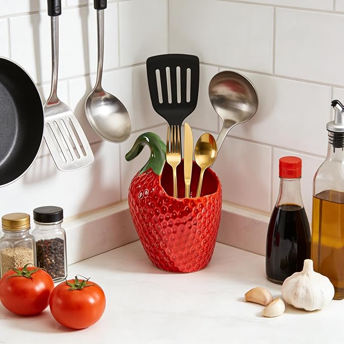 HAN SHENG Decorative Ceramic Strawberry Utensil Holder - Cute Kitchen Countertop Organizer for Spoons, Forks & Cooking Tools, Durable Flatware Storage, Stylish Home Decor Gift Idea