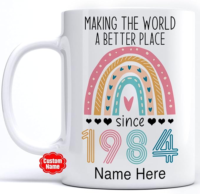 PREZZY Vintage 39th Birthday Mug Gifts for Women Men Making the World a Better Place Since 1984 Boho Rainbow Turning 39 Years Old Birthday Decorations Personalized Mugs Novelty Coffee Cup 11oz 15oz