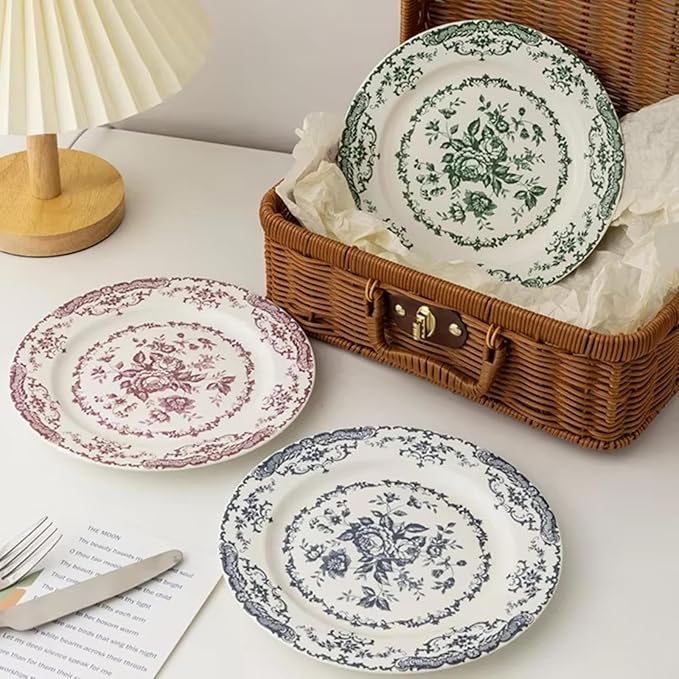 Ceramic Plates,Ceramic Dinner Plates,7.9 Inch Rose Flower Decorative Plates,Salad Dessert Plates,Microwave Oven Dishwasher Safe,Dinner Plates for Salad Pasta Dessert Steak Appetizers