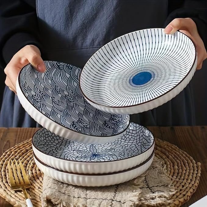 FENGHUI Set of 4 Ceramic Plates, 8 Inch Dinner Plates, Salad Plates, Dessert Plates, Home Dorm Kitchen Dining Room Suitable for use in microwave ovens and dishwashers