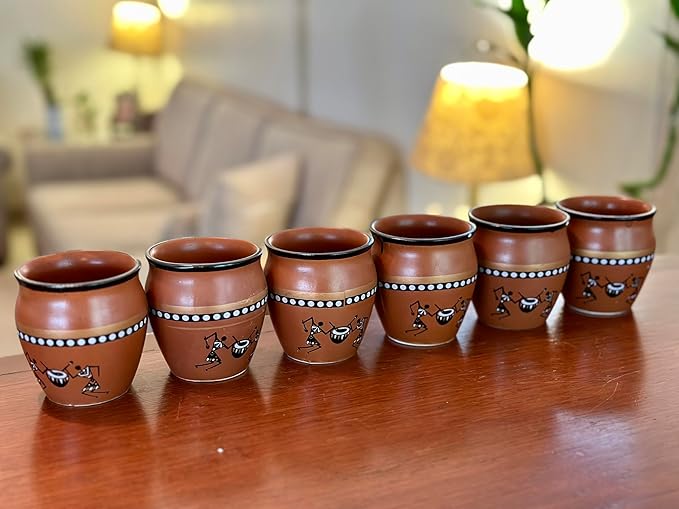 Handmade Traditional Kulhar Kulhad Chai Tea Coffee Mug Cup Cantaritos Set of 6 Glazed Earthenware Glossy Finish Clay Terracotta Artisanal Studio Pottery Mud Brown Food Safe Natural Rustic Eco-Friendly