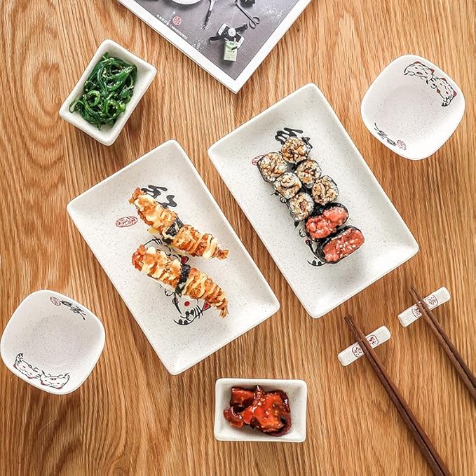 10 pcs Japanese Sushi Plate Sets Serving Platters and Trays for Entertaining Sushi Dishes Set Plates Sushi Plates Traditional Cuisine Dinnerware Sets with Chopsticks Cat