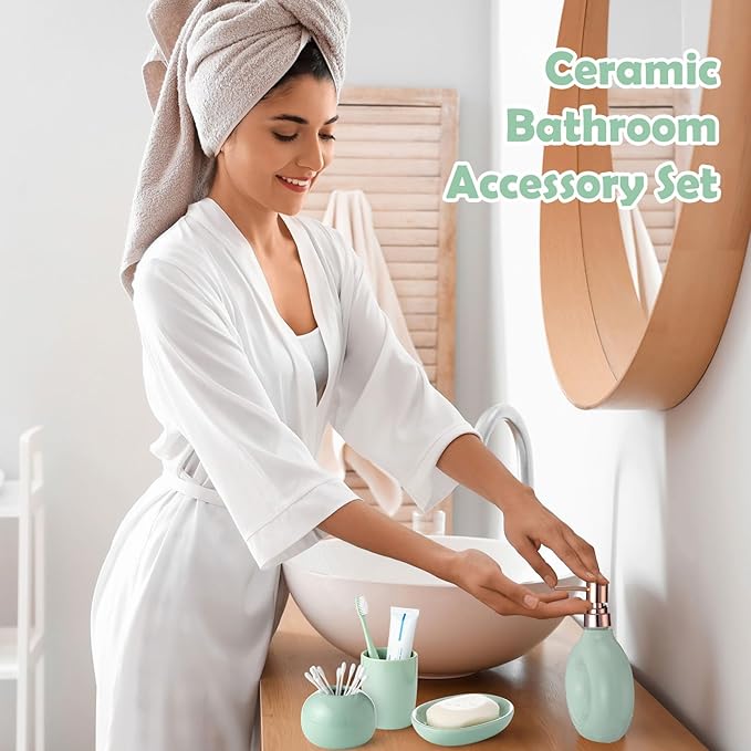 5 Pcs Ceramic Bathroom Accessories Set Includes Soap Dispenser Toothbrush Cup Holder Soapbox Holder Stylish Modern Bathroom Matte Glaze Decor (Green)