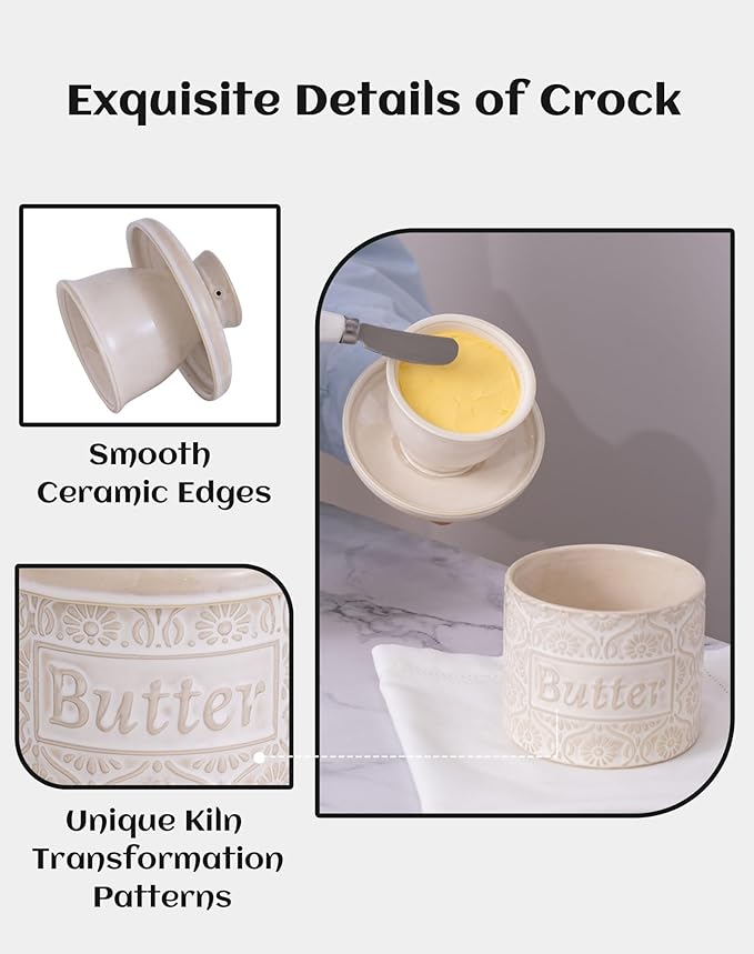 TEATALK Ceramic French Butter Crock - Vintage Relief Pattern Butter Keeper with Water Seal, 6.7oz Creamy White Butter Dish for Fresh Spreadable Butter, Farmhouse Kitchen Decor & Gift