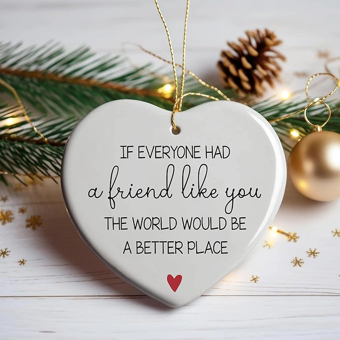 NGHYANA Christmas Tree Ornaments 2025, Heart Shaped Ceramic Ornament with Friendship Message – 3.1 Inch White Hanging Decor Gift