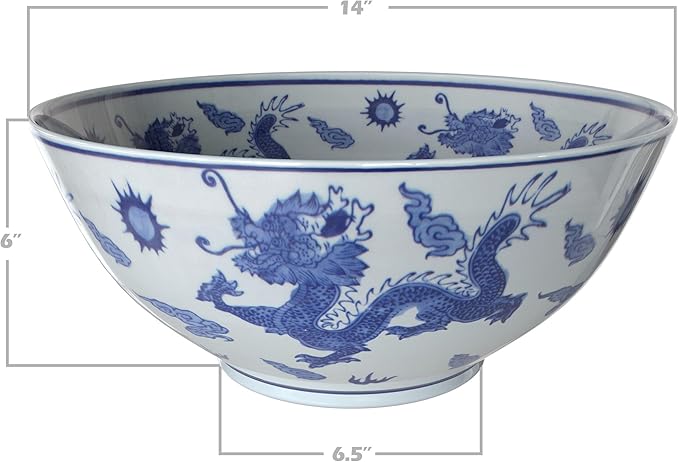 Red Lantern 14" Dragon Blue & White Porcelain Bowl Vase for Centerpiece in Kitchen Dining Living Room Bedroom with Boho Eclectic Modern Contemporary Classic Traditional Style Decor