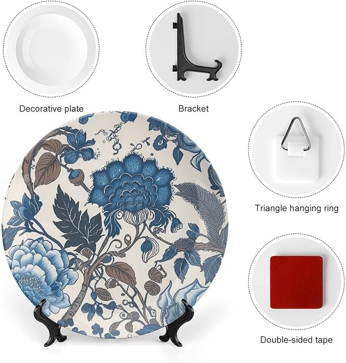 Chinoiserie Blue Flowers Decorative Plate for Display Hamptons Floral Table Wall Supplies Kitchen Festival Holiday Party Decorations Customize Gifts for Men Women Wedding, 6", 7", 9", 10"