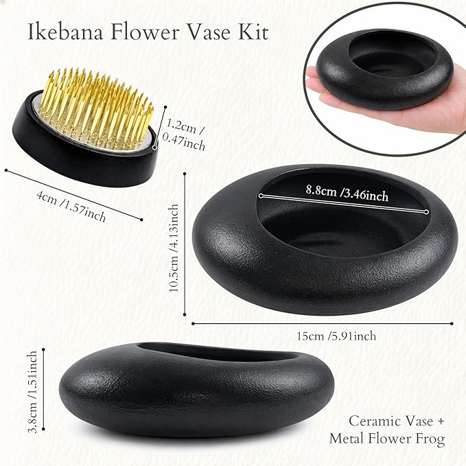 Japanese Flower Frog Vase Set – Minimalist Black Ceramic Flower Vase with Flower Frog, Modern Flower Arrangement Pot for Living Room Decor & Art Supplies, Gift Box for Flower Lover
