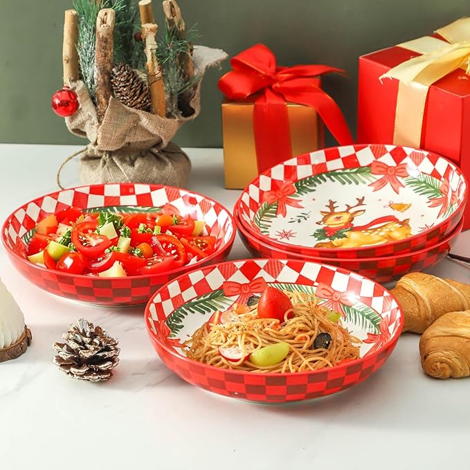 HASENSE Pasta Bowls Set of 4, 38 Ounce Ceramic Salad Serving Bowl for Kitchen,8.8 Inch Large Shallow Bowls for Pasta Soup Salad Dinners,Christmas Holiday Gatherings,Dishwasher & Microwave Safe