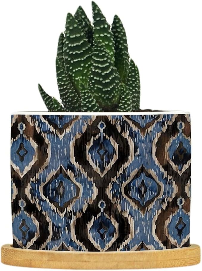 DreamAutumn Indigo Ikat Abstract Blue Ceramic Pots for Plants with Drainage Holes Round Flower Pot Bamboo Tray Orchid Pot Succulents Pots for Outdoor Indoor Plants,Housewarming Gifts