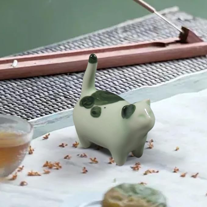 Kung Fu Tea Pet Ceramic Lucky Cat Sculpture Ornament for Tea Ceremony Desk Decor 3.27x2.95 inch- Green