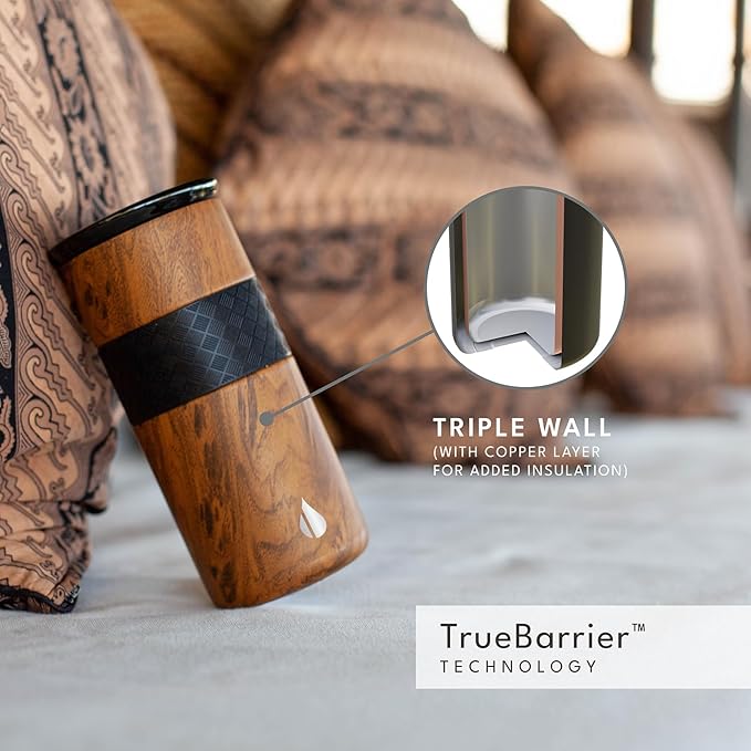 Elemental Artisan Inner Ceramic Coating Tumbler, Triple Wall Coffee Travel Mug, Reusable Stainless Steel Coffee Tumbler with Ceramic Lid for Hot (6 Hrs) & Cold (18 Hrs), 16oz - Teakwood