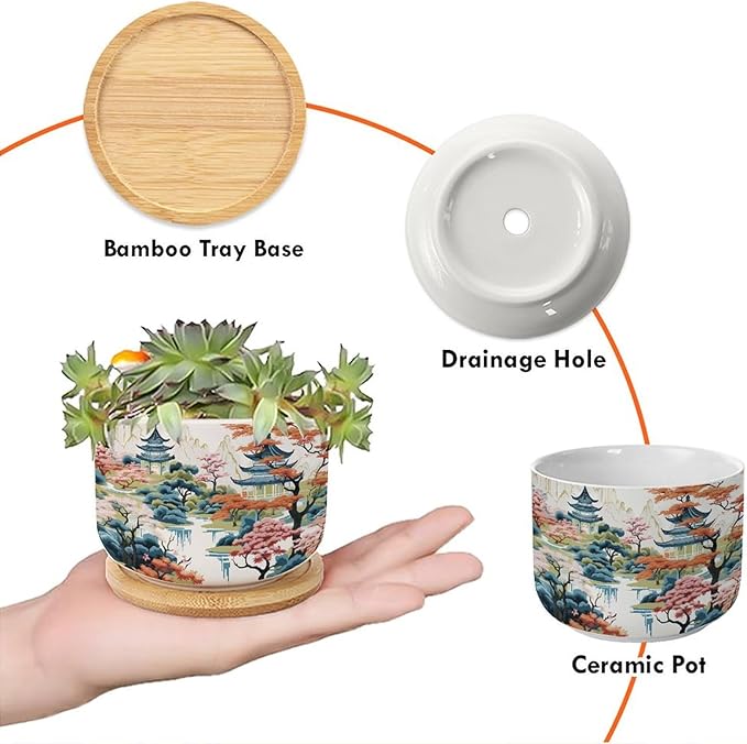5 Piece Blue Asia Tiered Tower Coral Pink Flower Small Flowers Pots Oriental Chinoiserie Succulent Planters with Drainage Holes Chinoiserie Garden Scenery Planters Ceramic