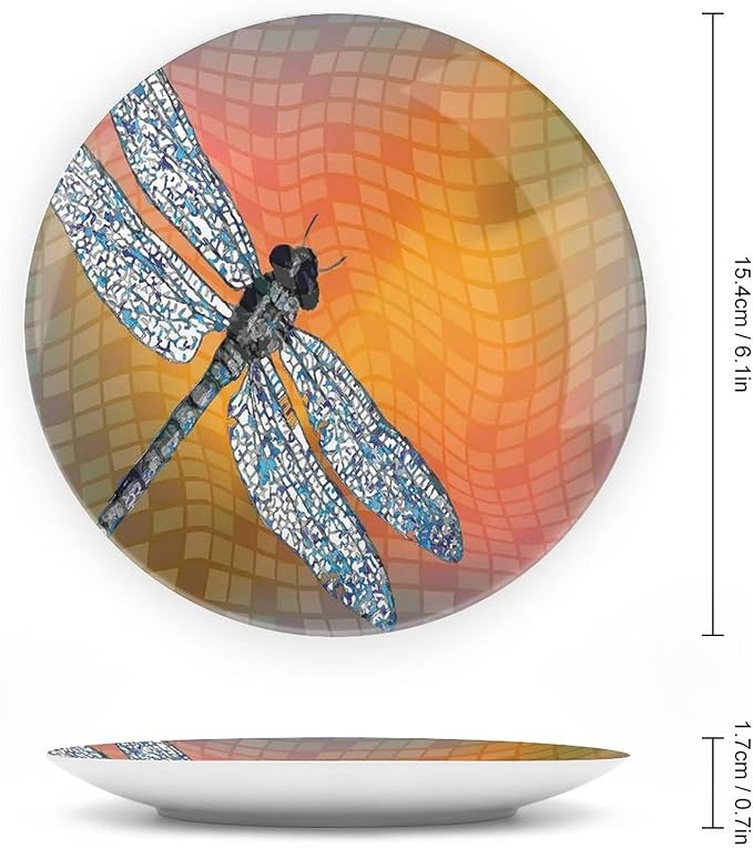 10 Inch Decorative Plate, Dragonfly Dinner Plate, Bird Like Bugs Flying on Orange Marigold Abstract Geometric Print Ceramic Wall Hanging for Fine Dining For Upscale Events, Dinner Parties, Weddings