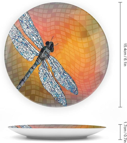 10 Inch Decorative Plate, Dragonfly Dinner Plate, Bird Like Bugs Flying on Orange Marigold Abstract Geometric Print Ceramic Wall Hanging for Fine Dining For Upscale Events, Dinner Parties, Weddings