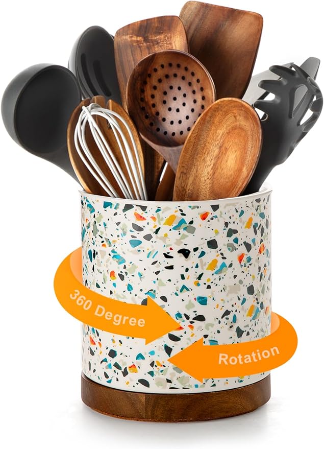 Nucookery 360°Rotating Utensil Holder, 7.2" Kitchen Utensil Crock, Ceramic Cooking Utensil Organizer with Countertop-Protection Cork Bottom for Farmhouse Kitchen Decor Christmas (Marble Pattern)