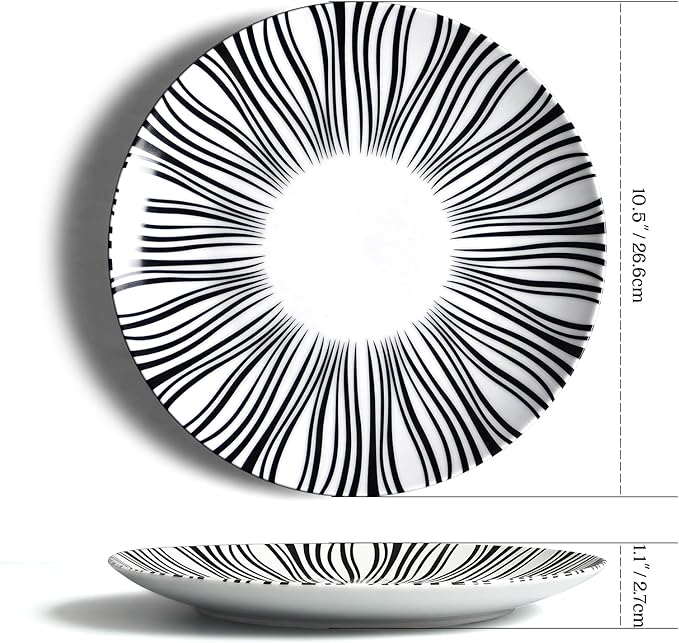 10" Black and White Striped Ceramic Plates Set of 6, Zebra Pattern Dinner Plates Set, Minimalist Porcelain Dish Set, Microwave, Oven & Dishwasher Safe