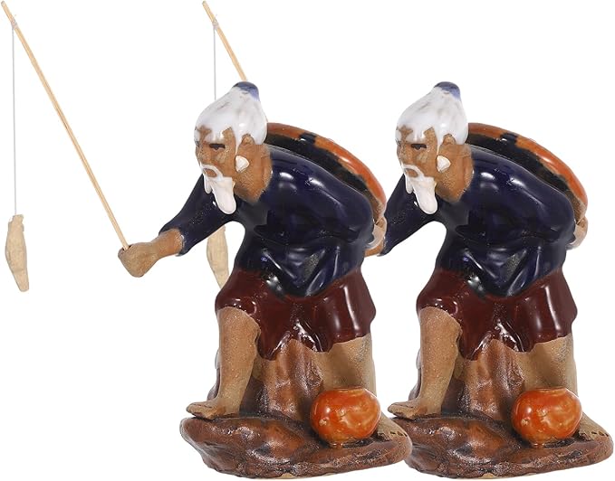 LUOZZY 2pcs Mini Fisherman Figurines Ceramic Fishing Statue Micro Landscape Ornament Asian Pottery Sculpture for Bonsai Zen Garden Decor