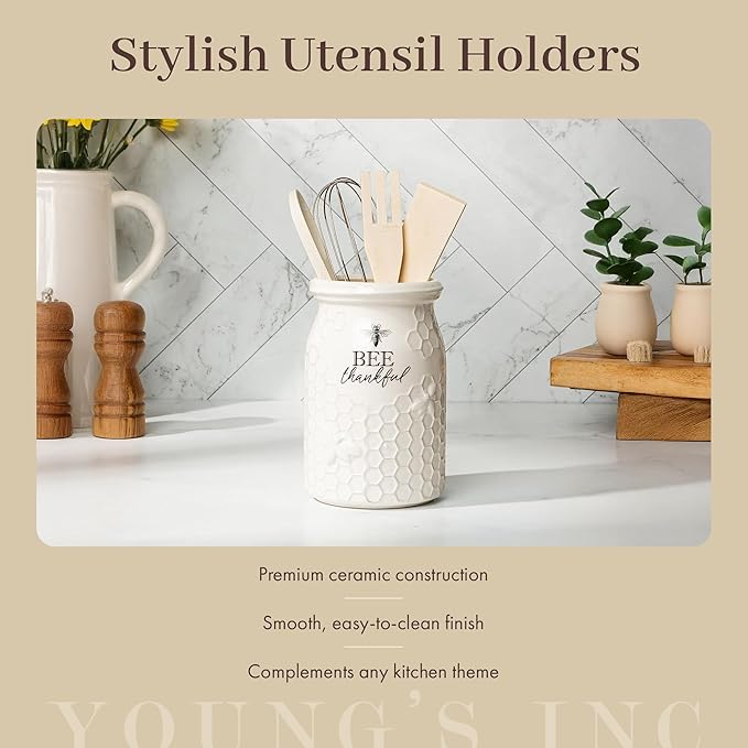 Young's Inc Ceramic Farmhouse Utensil Holder for Kitchen Counter, Black and White Farmhouse Décor Utensil Crock, 4” Diameter Kitchen Utensil Holder 20142