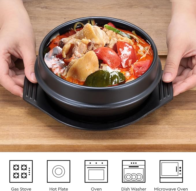 Korean Stone Bowl with Lid and Platter 32 oz Ceramic Bowl for Cooking, Sizzling Hot Pot, Clay Pot for Dolsot Bibimbap, Soup Casserole, Rice, Stew, Noodle, Korean Cookware
