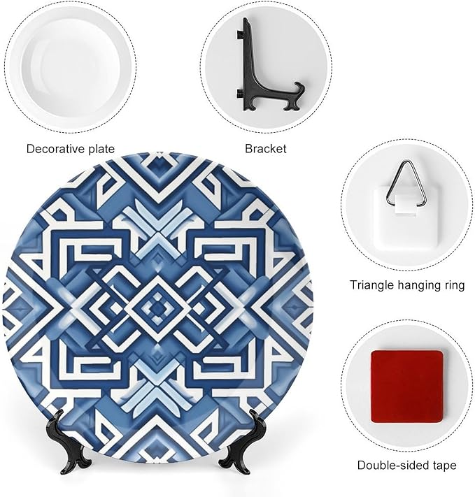 Navy Blue Geometric Ceramic Decorative Plate, Custom Bone China Decorative Plate for Festival Kitchen Table Decor, Unique Art with Stand Art Decorations for Club Farmhouse