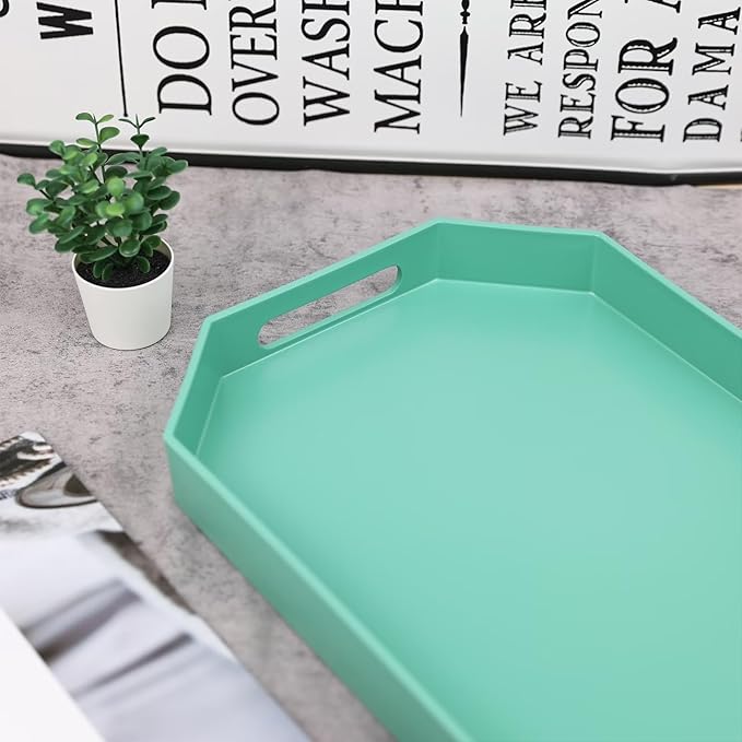 Green Octagonal Serving Tray with Handles for Coffee Table, Plastic Decorative Tray for Ottoman, Kitchen Counter, Living Room, Outdoor Lacquer for Entertaining