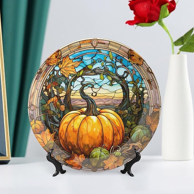 Decorative Plates, Fall Maple & Pumpkin Stained Glass Design Ceramic Dinner Plate Home Wobble-Plate with Display Stand, Wall Hanging Decor for Kitchen Household 10 Inch, Gifts for Thanksgiving