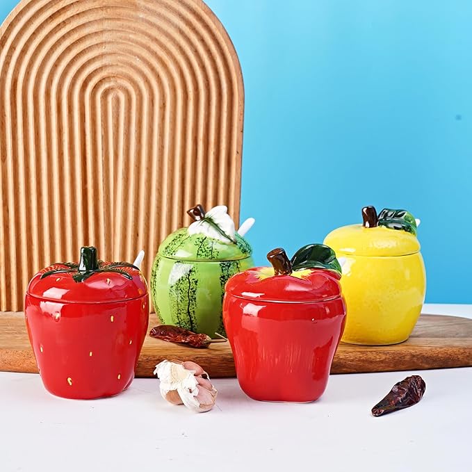 Hand-painted Ceramic Fruit Shape Sugar Bowl Spice Jar Seasoning Pot with Lid Spoon (Watermelon)