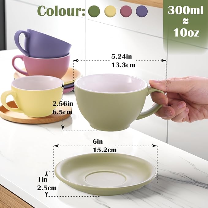 Yundu Matte Color Cappuccino Cups Set of 4-10oz Ceramic Latte Mugs with Saucers, Elegant Espresso Cups for Coffee & Tea
