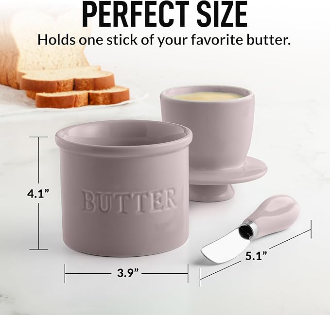 Zulay Kitchen Bell Shaped Butter Crock with Lid for Countertop with Water Line & Spreader Knife, Ceramic French Butter Dish Keeper For Fresh, Soft & Spreadable Butter - Violet Dusk