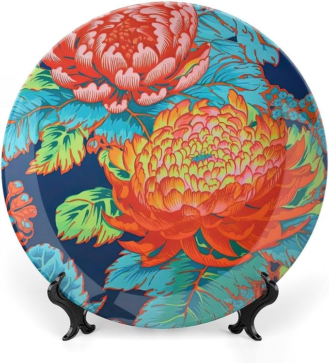 Red Blue Chinoiserie Peony Floral Ceramic Decorative Plate, Personalized Asian Scenic Chic Chinoiserie Hanging Decorative Tiles, Farmhouse Decorations Wall, Including Bracket And Special Hook