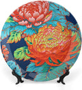 Red Blue Chinoiserie Peony Floral Ceramic Decorative Plate, Personalized Asian Scenic Chic Chinoiserie Hanging Decorative Tiles, Farmhouse Decorations Wall, Including Bracket And Special Hook