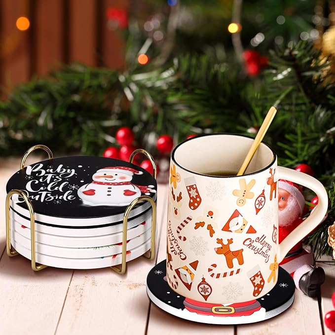 Christmas Coasters Set of 6 Cute Ceramic Coasters with Holder Funny Absorbent Coaster Set Coffee Table Decor Gift for Drinks Home Office Party Desk Table Bar Xmas Holiday Decorative Cup Coaster