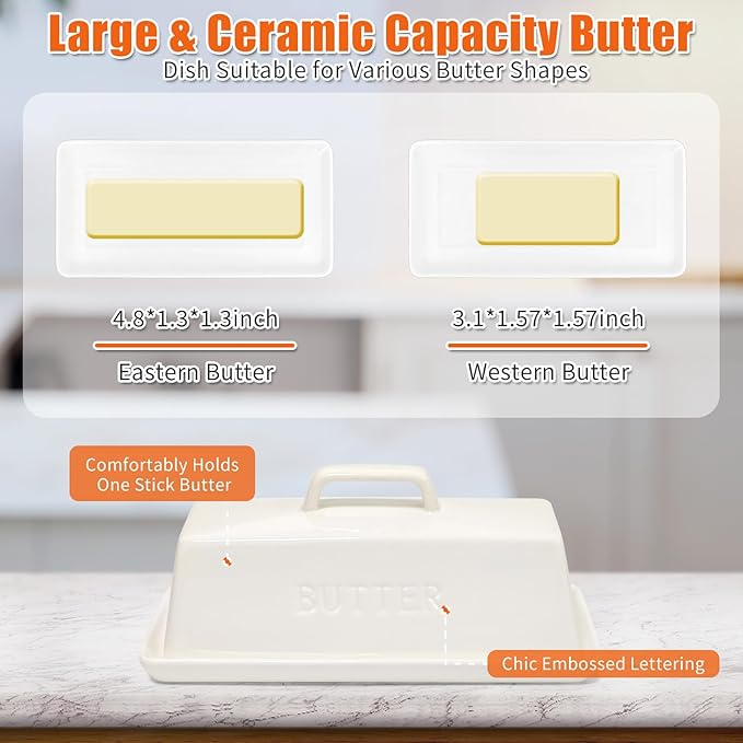 Gute Butter Dish with Lid for Countertop, Covered Ceramic Butter Dish, Butter Tray Storage for 1 Stick of Butter, Butter Keeper Container with Handle for Kitchen, White