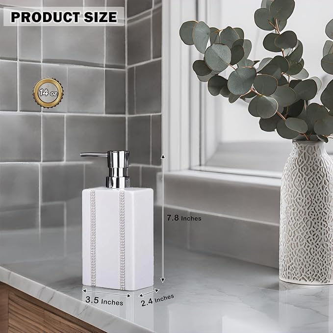 18 OZ Hand Liquid&Lotion Soap Dispenser Ceramic White Lotion Pump Bottle for Kitchen Bathroom Countertop Laundry Room Holds Dish Soap Shampoo Laundry Liquid Shower Gel(Inlaid Rhinestone)