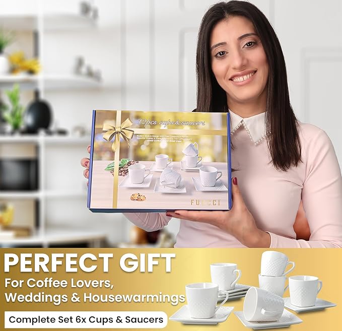 Espresso Cups With Saucer - 3 oz (90 ml) Turkish Coffee Cup, Small Modern Embossed Porcelain for Expresso, Cuban & Arabic Coffee, Elegant White (Set of 6)