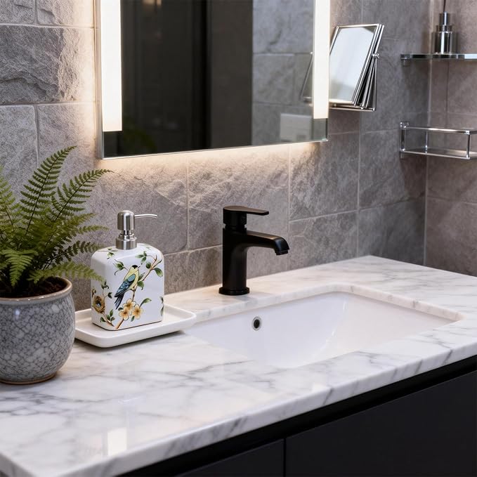 Ceramic Soap Dispenser, Decorative Flower Liquid Hand Soap Dispenser, Empty Refillable Lotion Bottle with Removable Pump for Bathroom Kitchen Countertop - White, 18.6 oz