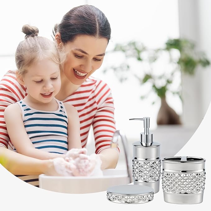 3-Piece Silver Ceramic Bathroom Accessories Set - Luxurious Soap Dispenser, Toothbrush Holder & Soap Dish with Modern Geo Embossed Design for Bathroom Accessory Set