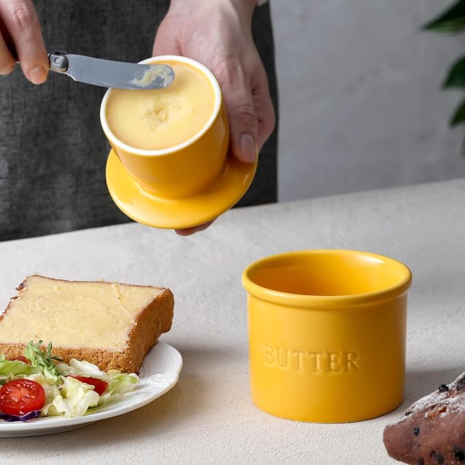 Butter Crock with Lid for Countertop - Ceramic French Butter Dish for Spreadable Soft Butter, Butter Container Holder with a Water Seal, Housewarming Gift, Kitchen and Home Decor, Yellow