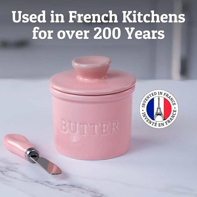 PriorityChef Butter Crock with Lid with Water Line, Ceramic French Butter Dish to Leave On Counter, Pink