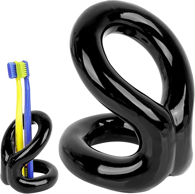 Toothbrush Holder, Knot-Shaped Minimalist Toothbrush Storage, Ceramic Stylish Toothbrush Organizer, Decorative Stand for Bathroom Sink and Countertop (Black)
