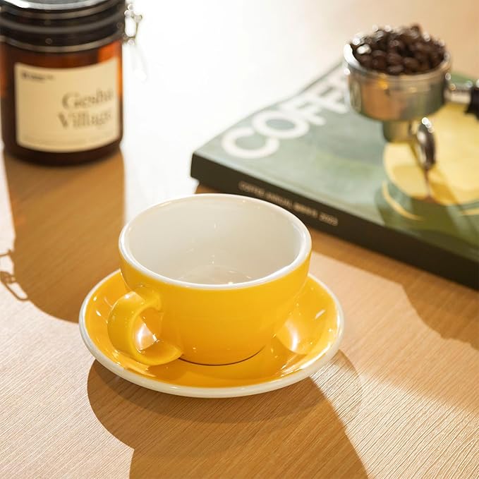 Loveramics Latte Art Mug with Saucer, 10 oz Ceramic Coffee cups with Round Bottom for Latte, Cappuccino, Tea, Espresso, Thick-walled Stoneware Cup Set for Barista - Regular Colours (Yellow, 10OZ)