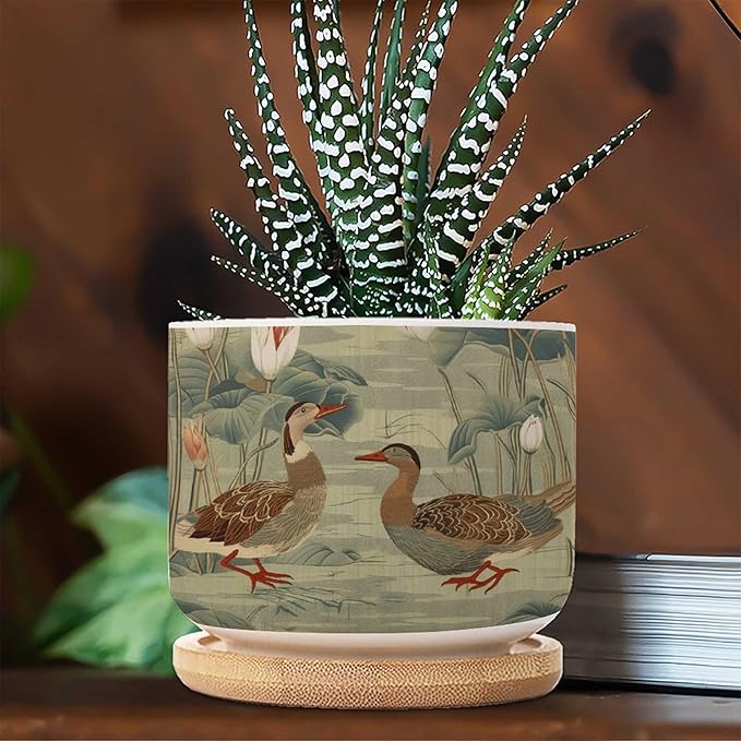 and Duck Garden Small Ceramics Planters Set of 3 Green Water Lily Chinoiserie Flower Ceramics Plant Pot with Drainage Holes and Bamboo Tray Chinoiserie Chic Planter for Succulents