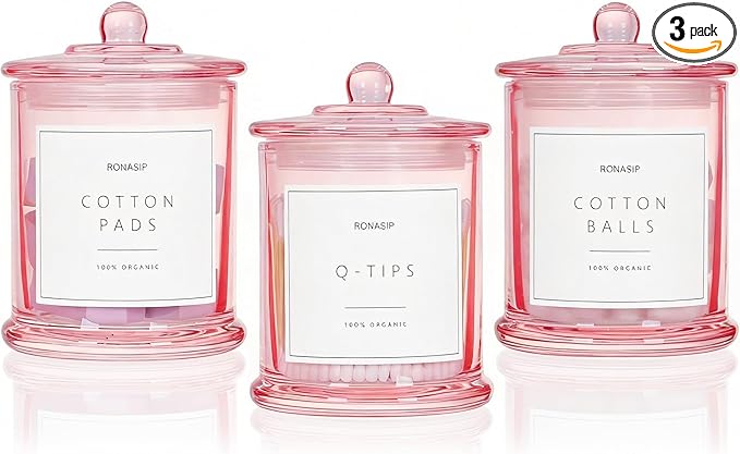 3 Pack Qtip Holder Dispenser, 16oz Bathroom Organizer and Storage Canisters, glass vanity organizer with lid - Home Decor, Room Decor Aesthetic (Pink)