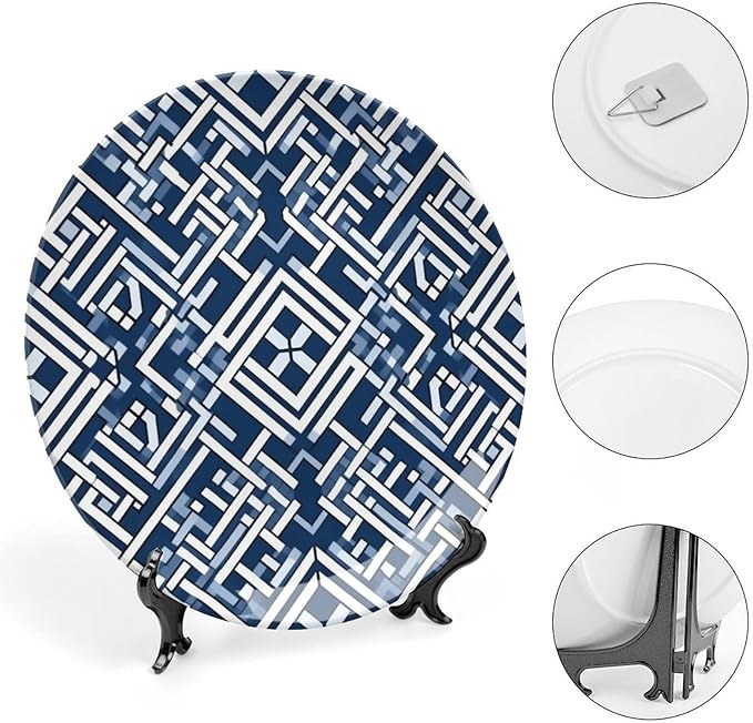 Ceramic Decorative Plate Navy Blue Geometric Customize Decor for Office Festival Art Decoration Home Porcelain Dessert Plate Set with Vertical Stand, Multi Sizes by Choosing, Gifts for Men Women