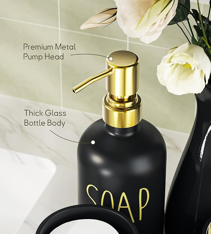 Black Bathroom Accessories Set with Tray, 6pcs Matte Black Bathroom Accessory Sets, Glass Soap Dispenser and Toothbrush Holder Set, Qtip Holder, Ceramic Flower Vase, Black Bathroom Set Decor,